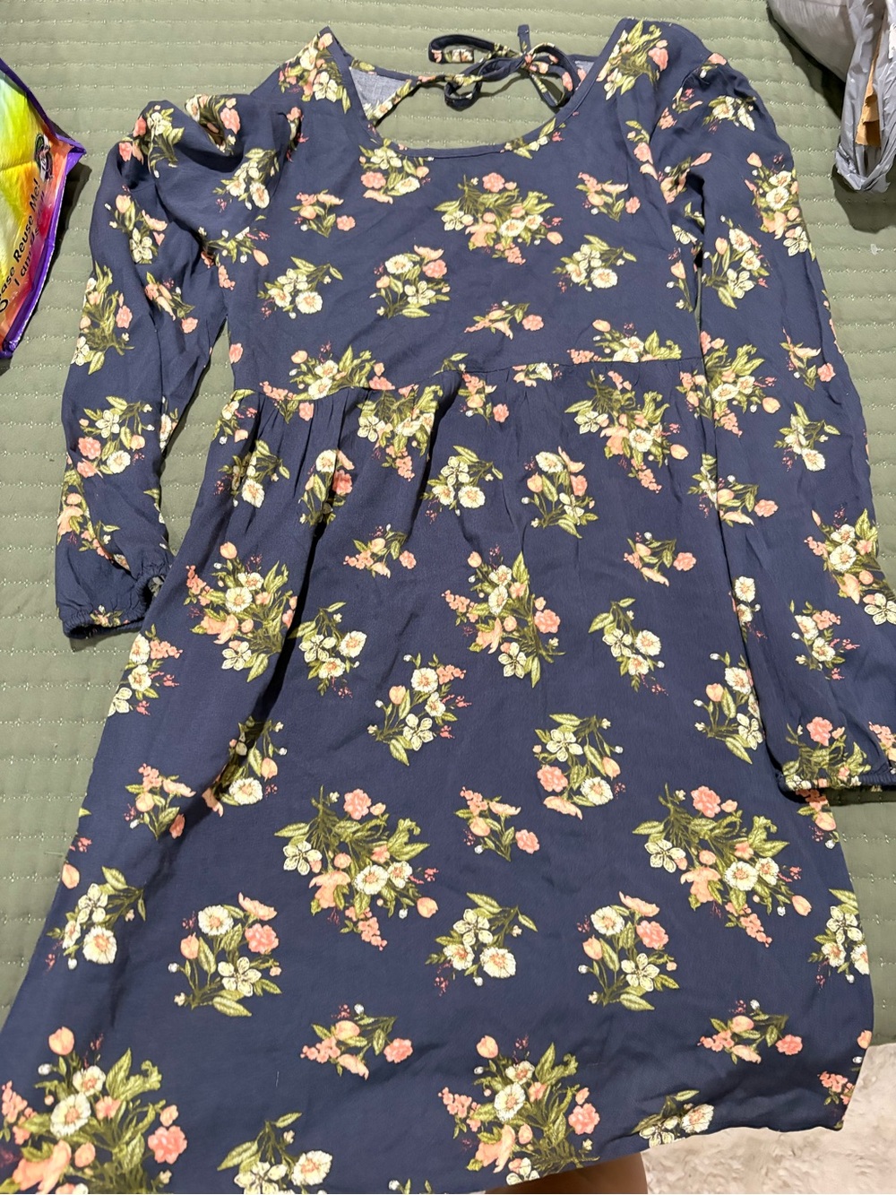 Kohl's Navy Floral Tie-Back Long Sleeve Girls Dress